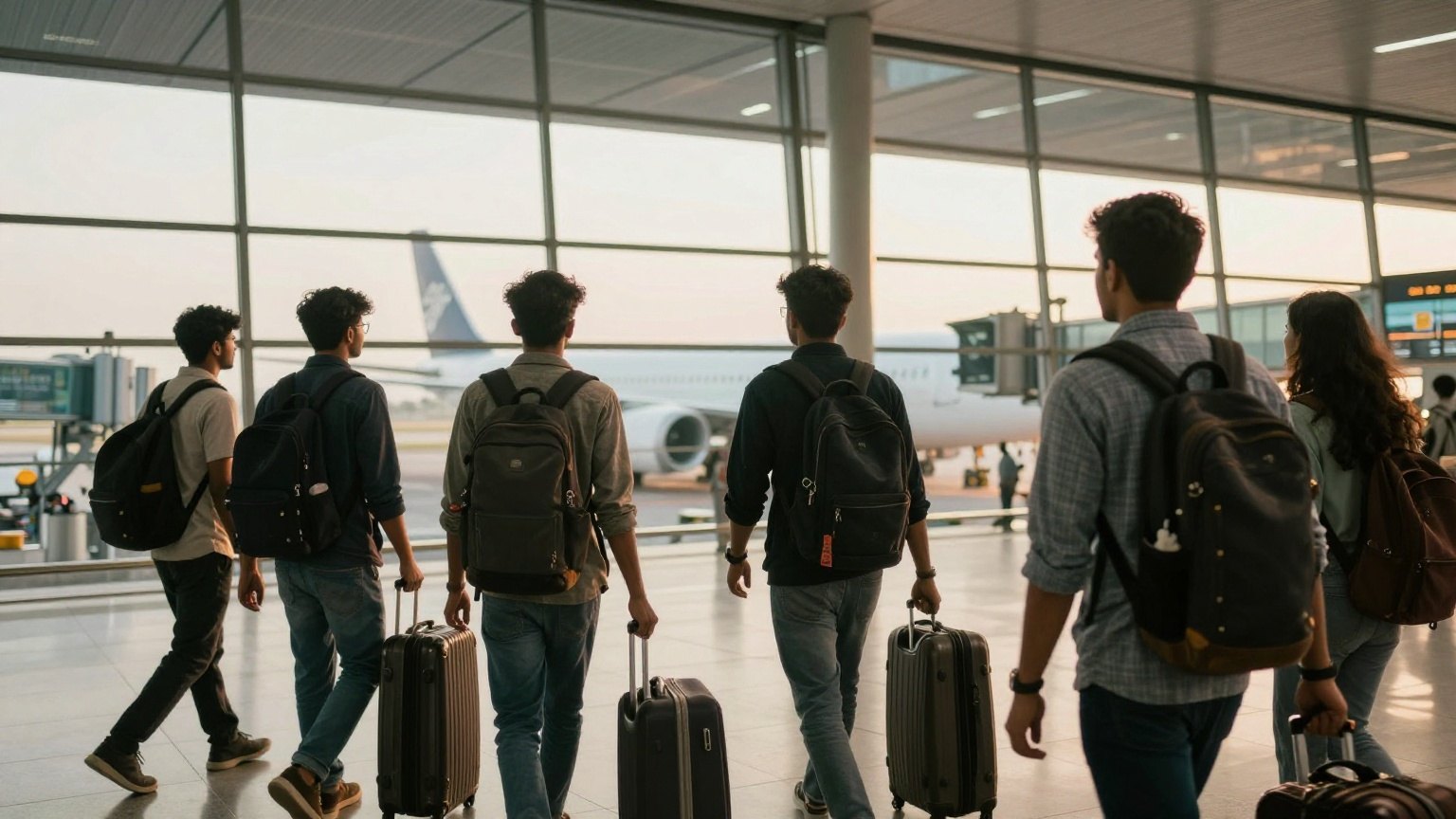 Professionals with their luggage walking to a departure gate