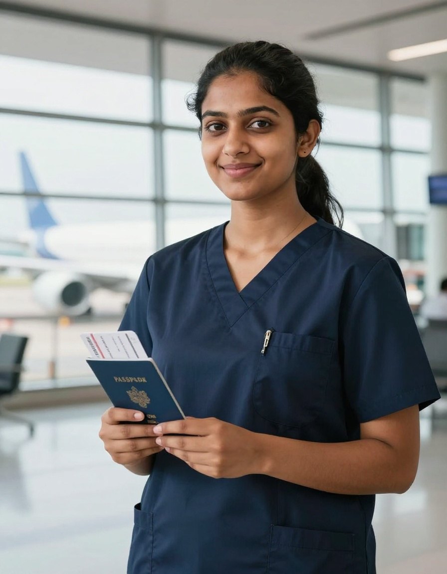 A nurse holding her passport, ready to travel