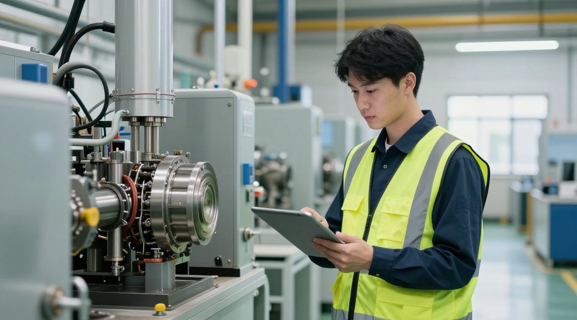 An engineer checking equipment on a factory floor