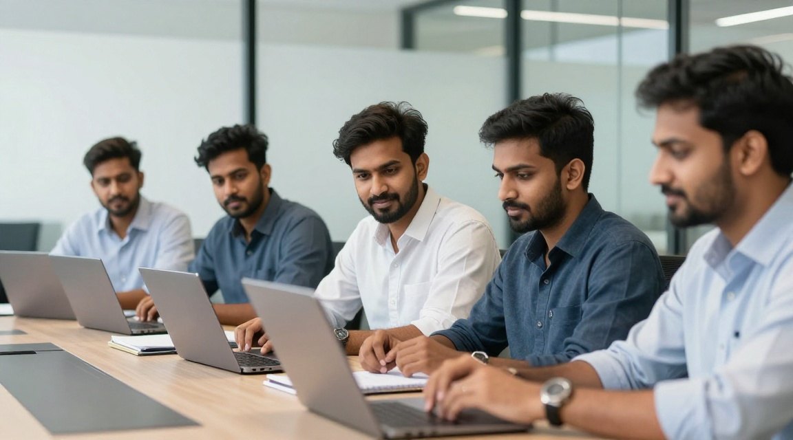 Indian professionals working at laptops in an office