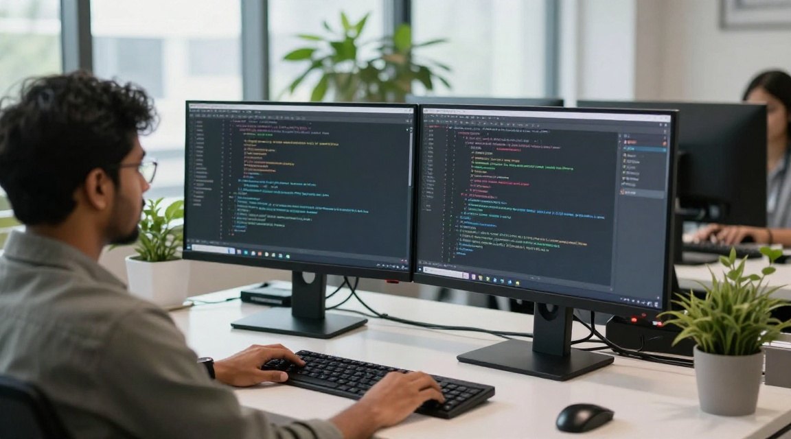 A developer working across two screens