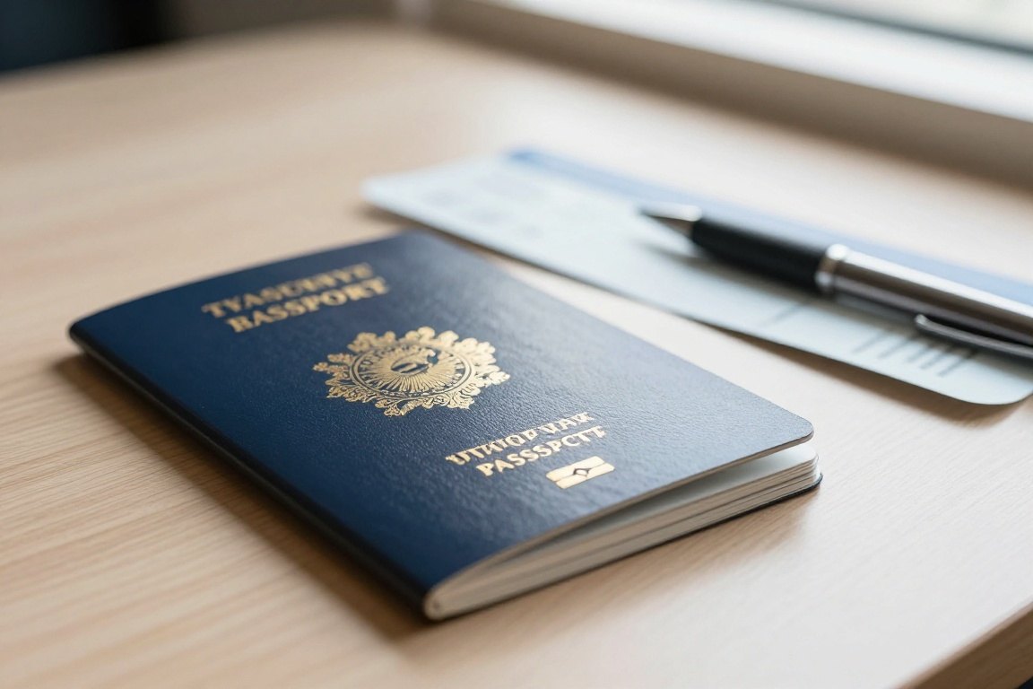 A passport and work permit papers on a desk